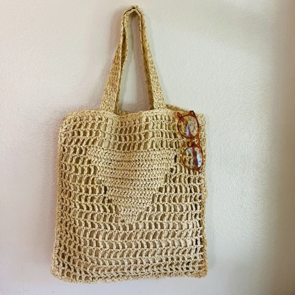 Vintage Handbags - Handmade Cream Wicker Woven Coconut Beach Farmers Market Tote Bag